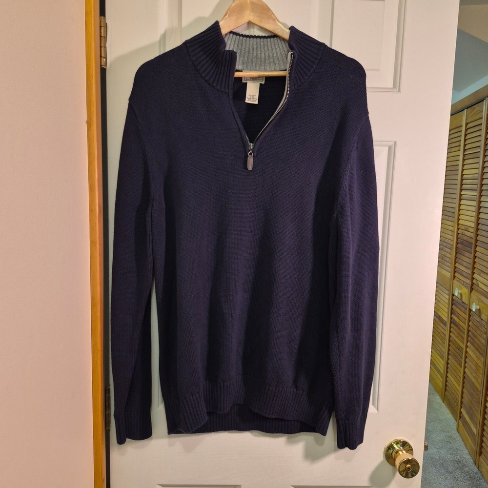 LL Bean Mens Quarter Zip Sweater Navy Blue 100% Cotton Mock Neck Large 287736